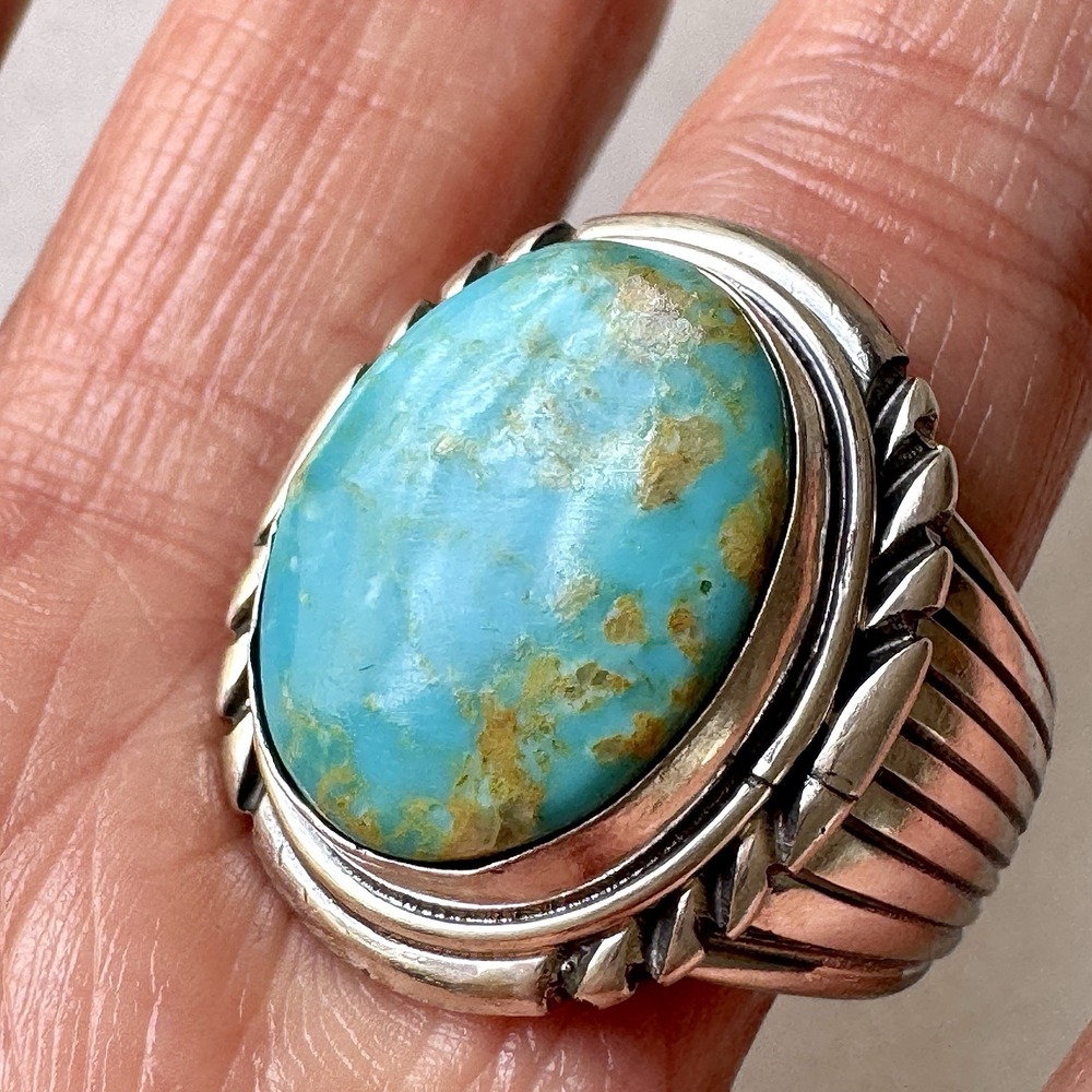 Navajo Mens Turquoise Ring Sz 12 Stamped Signed Denetdale Fans‎ Sterling Native